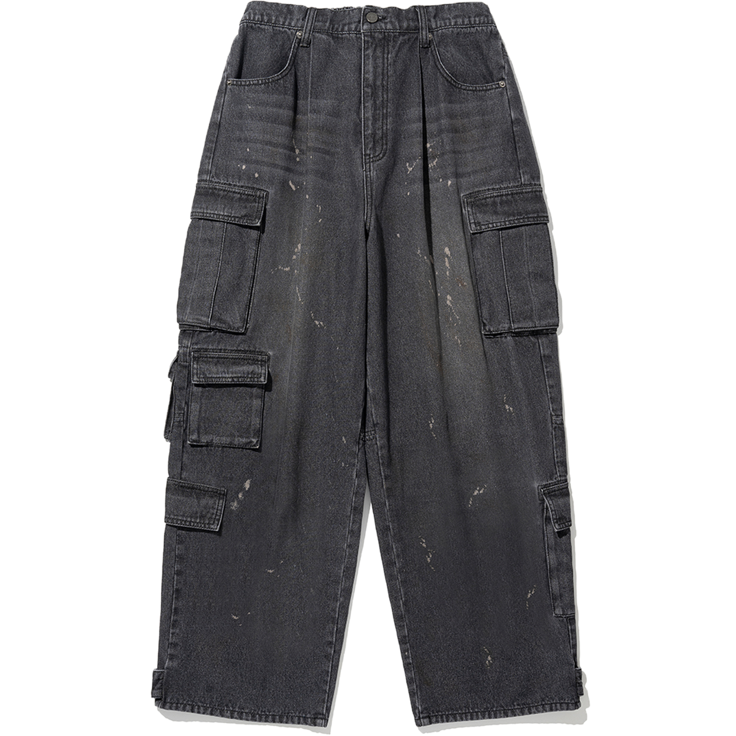 Dirty Wash Multi Cargo Denim Pants - Black,NOT4NERD