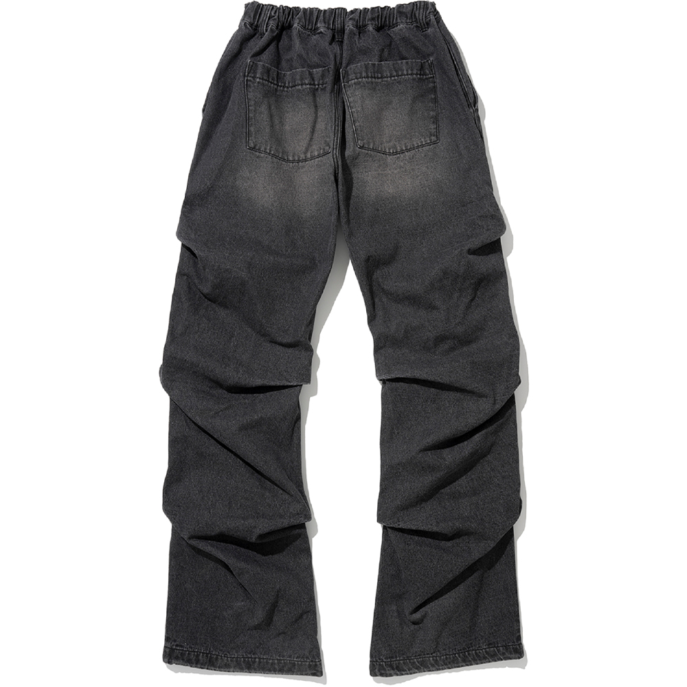 Shirring Wide Leg Denim Pants - Black,NOT4NERD